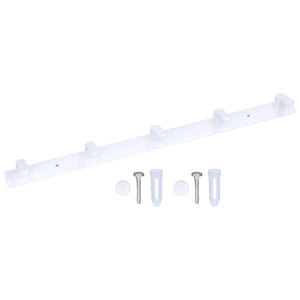 Wall Mounted Coat Rack in white aluminium with five raised hooks, shown with two screws and wall plugs.