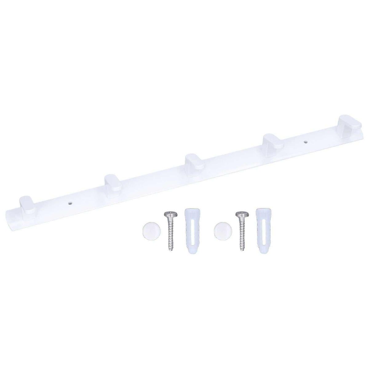 Wall Mounted Coat Rack in white aluminium with five raised hooks, shown with two screws and wall plugs.