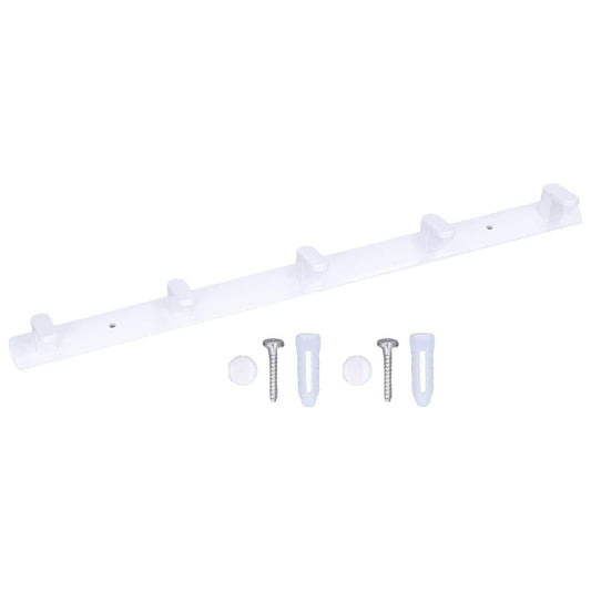 Wall Mounted Coat Rack in white aluminium with five raised hooks, shown with two screws and wall plugs.
