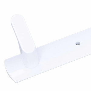 Wall Mounted Coat Rack in white aluminium with a slim flat rail, raised hook and visible mounting hole