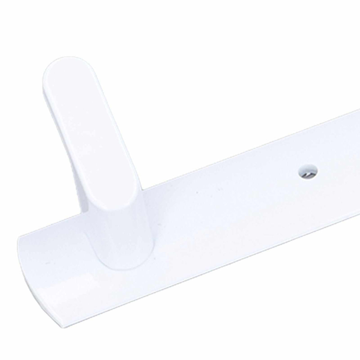 Wall Mounted Coat Rack in white aluminium with a slim flat rail, raised hook and visible mounting hole