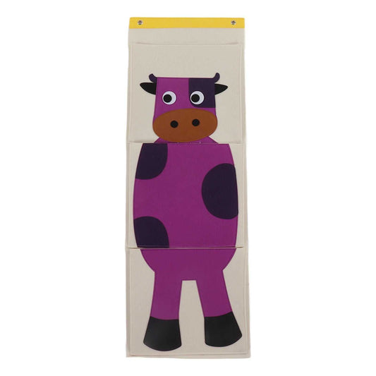 Wall Mounted Storage Bag in beige felt with a bright purple cow, dark spots, yellow top band and three pockets