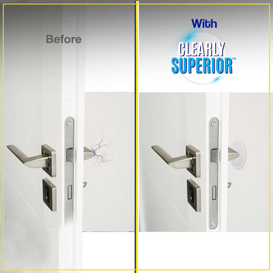 Wall Protector shown as a clear round adhesive pad beside a door handle, preventing wall dents and scuffs
