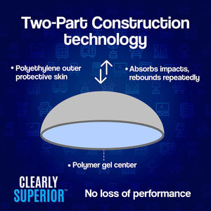 Wall Protector shown as a round, two-part disc with a grey protective outer skin and blue polymer gel center.