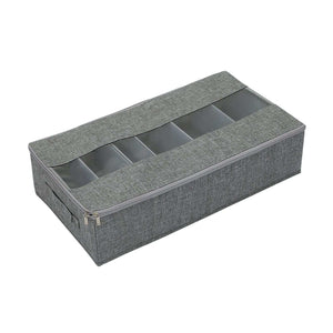 Washable Cotton Linen shoe organiser in grey woven fabric with zippered lid, clear window and divided compartments
