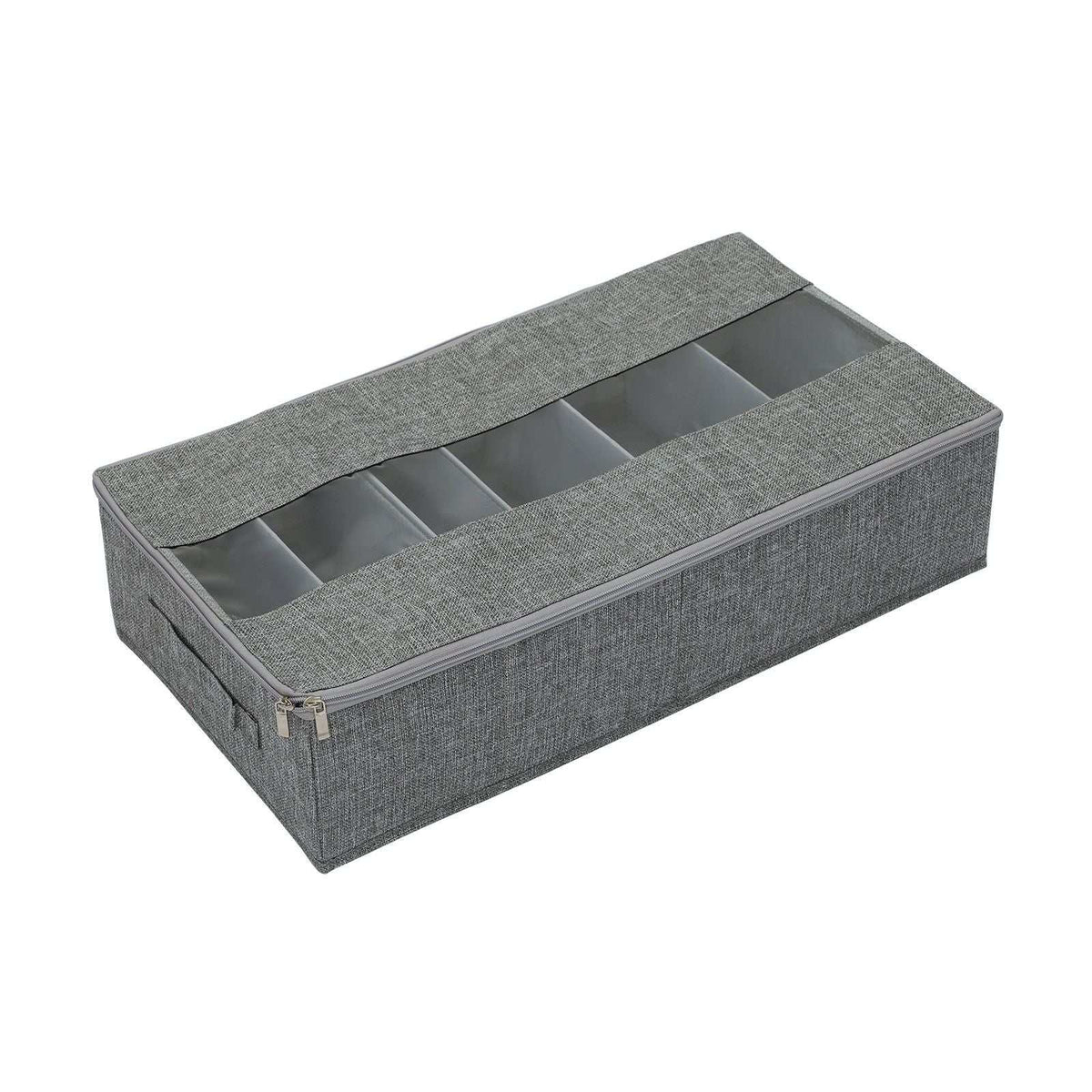 Washable Cotton Linen shoe organiser in grey woven fabric with zippered lid, clear window and divided compartments