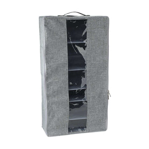 Shoe organiser in grey textured cotton linen with a clear front window, zip closure and six visible compartments