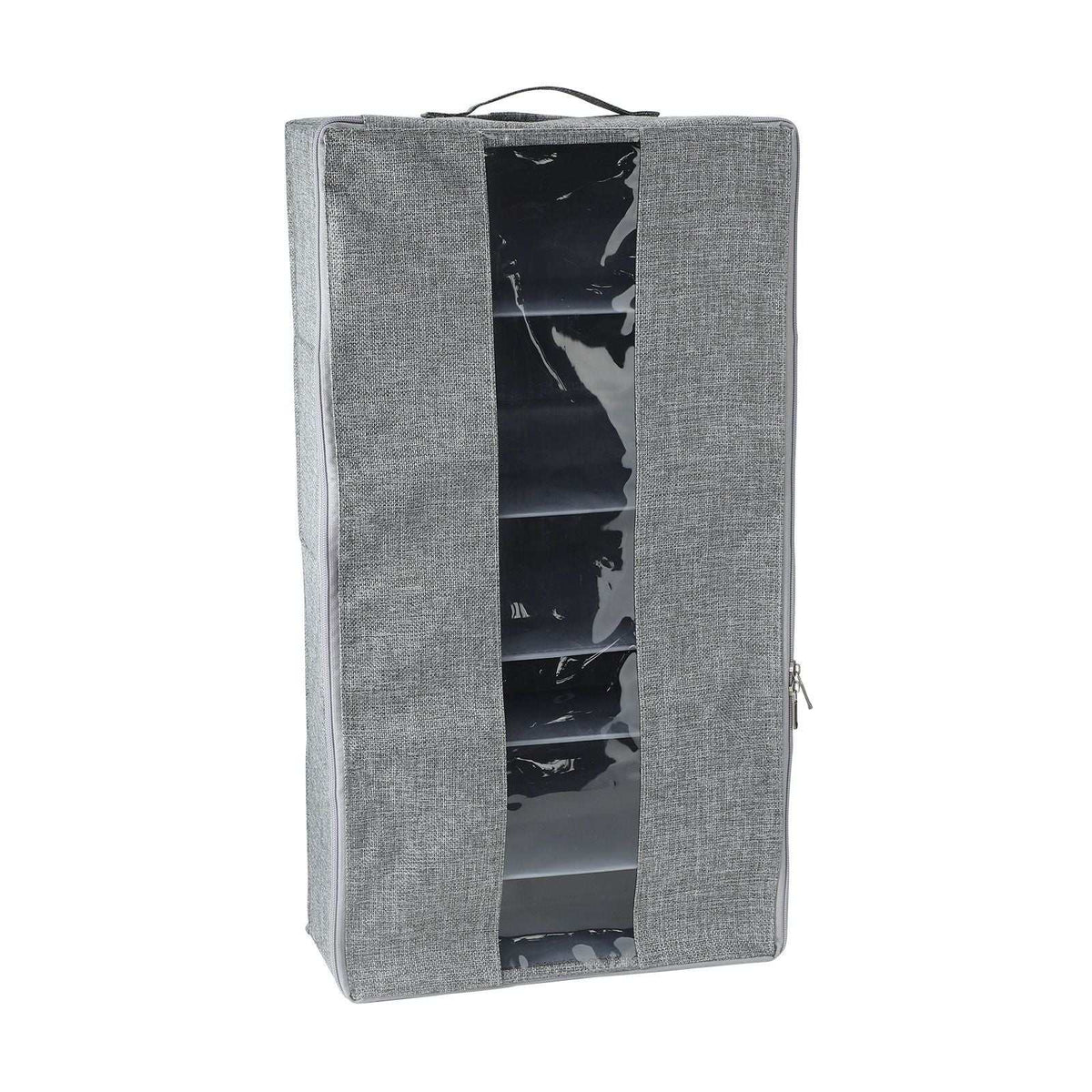 Shoe organiser in grey textured cotton linen with a clear front window, zip closure and six visible compartments