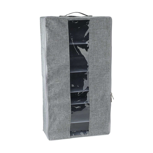 Shoe organiser in grey textured cotton linen with a clear front window, zip closure and six visible compartments