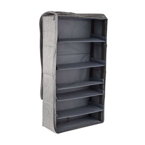 Shoe organiser in grey Washable Cotton Linen with dark fabric shelves, structured sides and a zippered cover