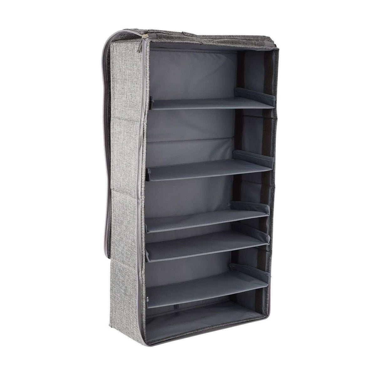 Shoe organiser in grey Washable Cotton Linen with dark fabric shelves, structured sides and a zippered cover