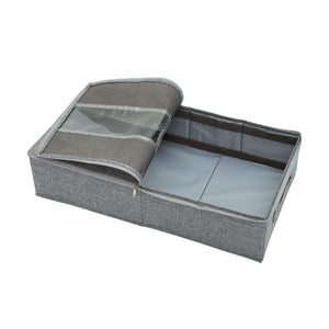 Shoe storage organiser in grey cotton linen with a zippered lid, clear window and divided compartments; Washable Cotton Linen