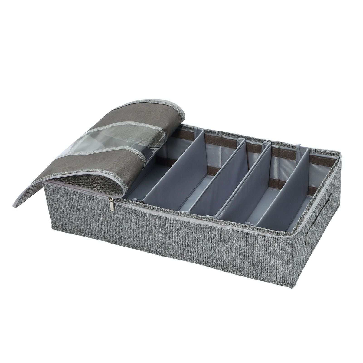 Under-bed shoe organiser in grey woven Washable Cotton Linen, with six divided compartments and a clear zippered lid