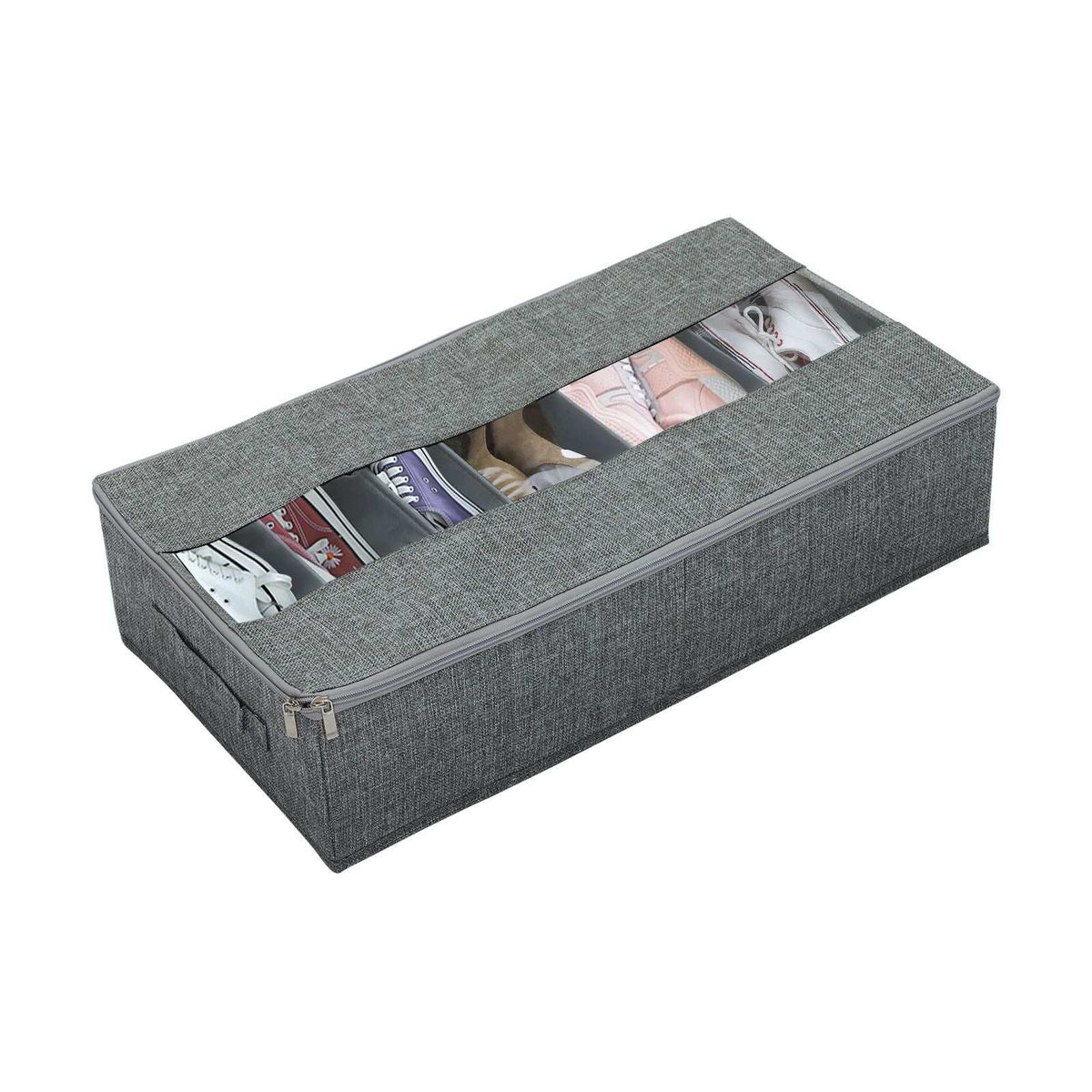 Under-bed shoe organiser in grey Washable Cotton Linen with a clear window, zip closure and visible shoe compartments