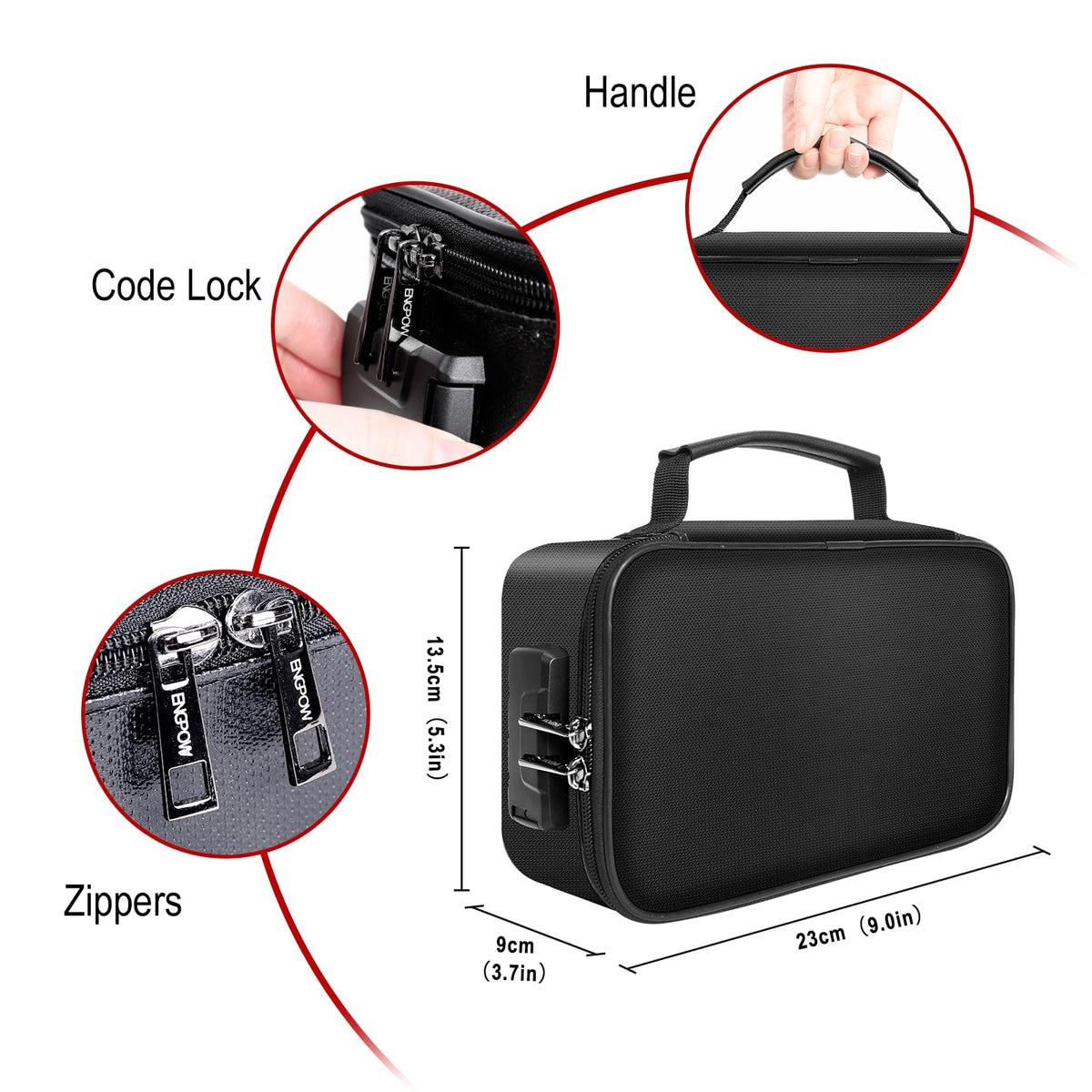 Water-Resistant Document Organiser in black textured material, with a rigid rectangular case, top handle, combination lock and dual zippers