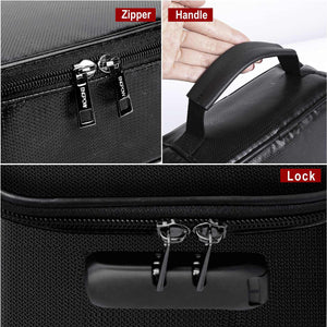Water-Resistant Document Organiser in black textured fabric with a carry handle, dual zippers and combination lock