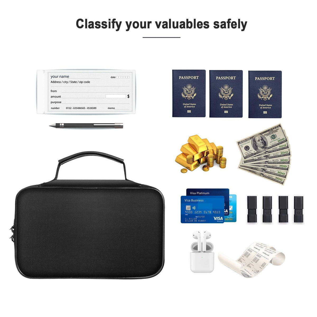 Water-Resistant Document Organiser in black, with a textured hard-shell exterior, carry handle and zipper closure
