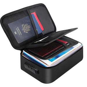 Water-Resistant Document Organiser in black textured fabric, open with mesh pockets, a combination lock, and stacked documents
