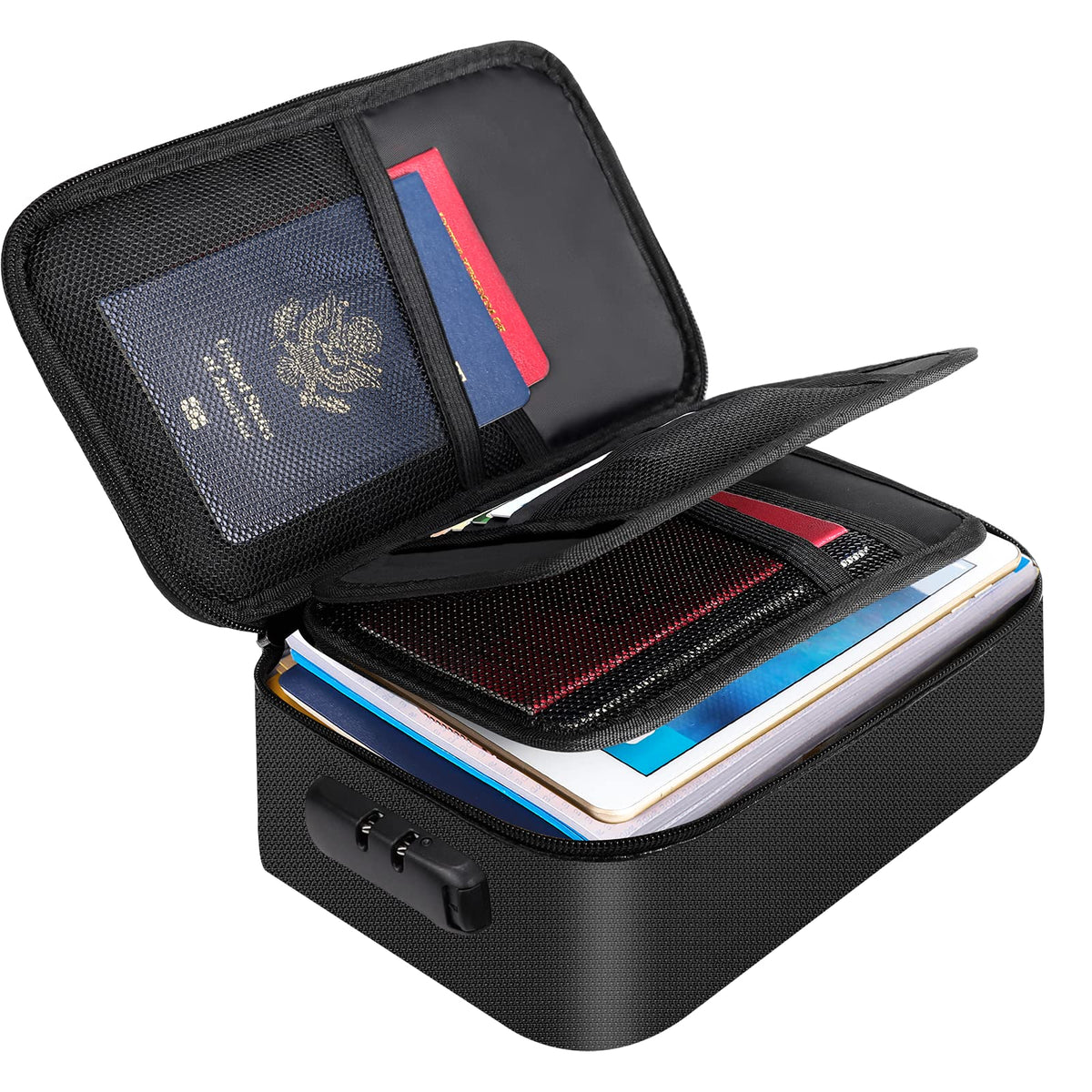 Water-Resistant Document Organiser in black textured fabric, open with mesh pockets, a combination lock, and stacked documents