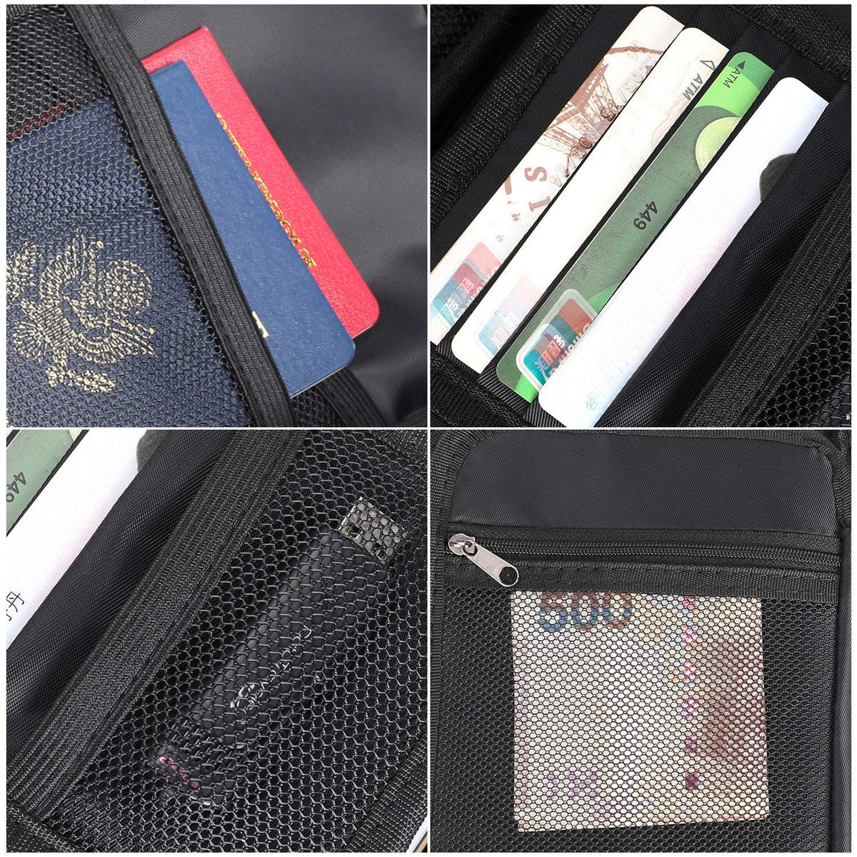 Water-Resistant Document Organiser in black fabric with mesh pockets, card slots, zip compartments and visible documents