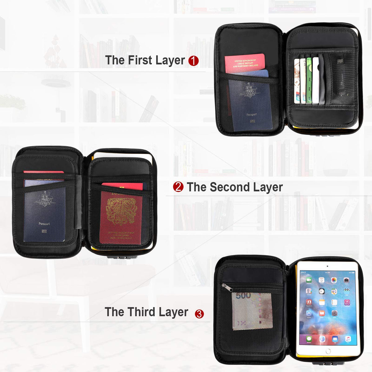 Water-Resistant Document Organiser in black with a three-layer design, passport pockets, card slots and zipped compartments