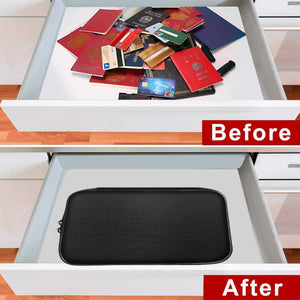 Water-Resistant Document Organiser in black fabric with a rounded rectangular shape, zipper closure and compact design
