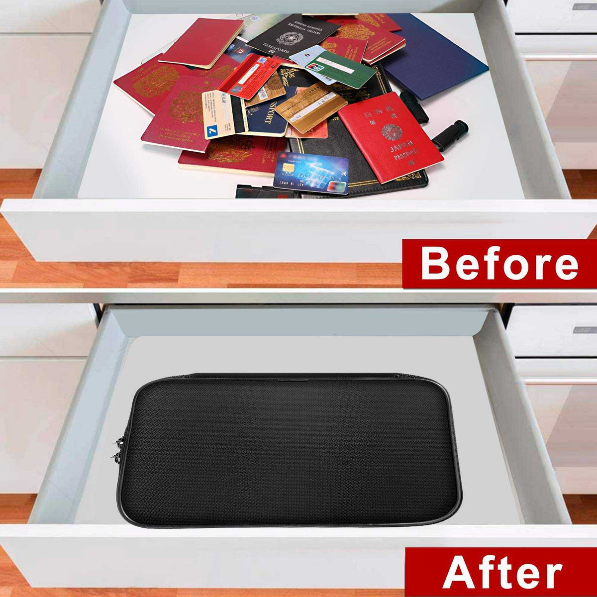 Water-Resistant Document Organiser in black fabric with a rounded rectangular shape, zipper closure and compact design