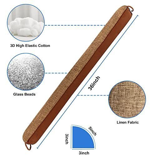Weighted Door Draft Stopper in brown linen fabric with a long rounded shape, cotton filling, glass beads and end loops
