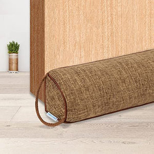Weighted Door Draft Stopper in brown woven fabric with a rounded cylindrical shape and attached hanging loop
