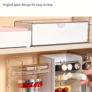 White Frame Drawer Organizer with clear acrylic compartments and white framing, showing stacked storage for cosmetics