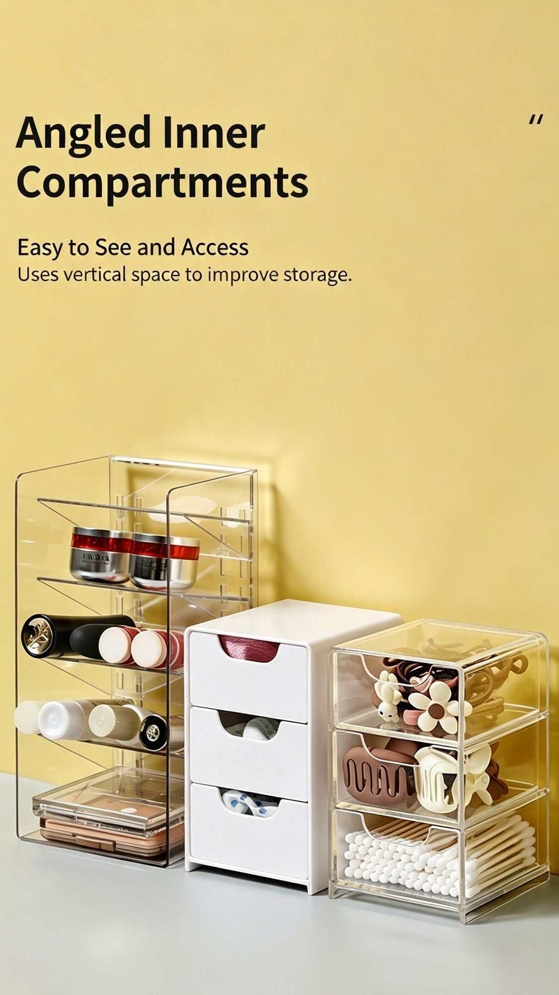 White Frame Drawer Organizer featuring a clear storage box with angled inner compartments, drawers and a white frame.