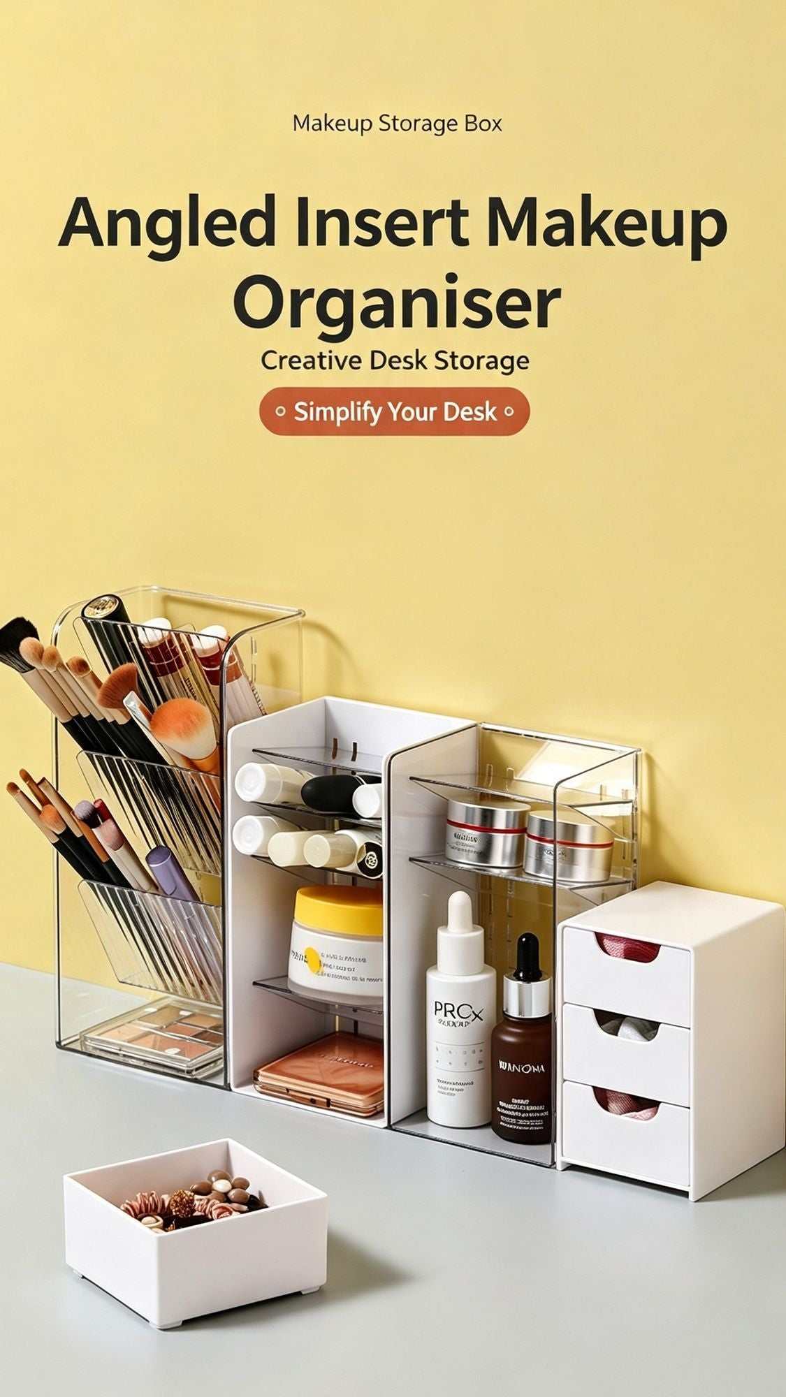 White Frame Drawer Organizer in clear plastic with an angled makeup brush grid, three drawers, and white storage compartments.