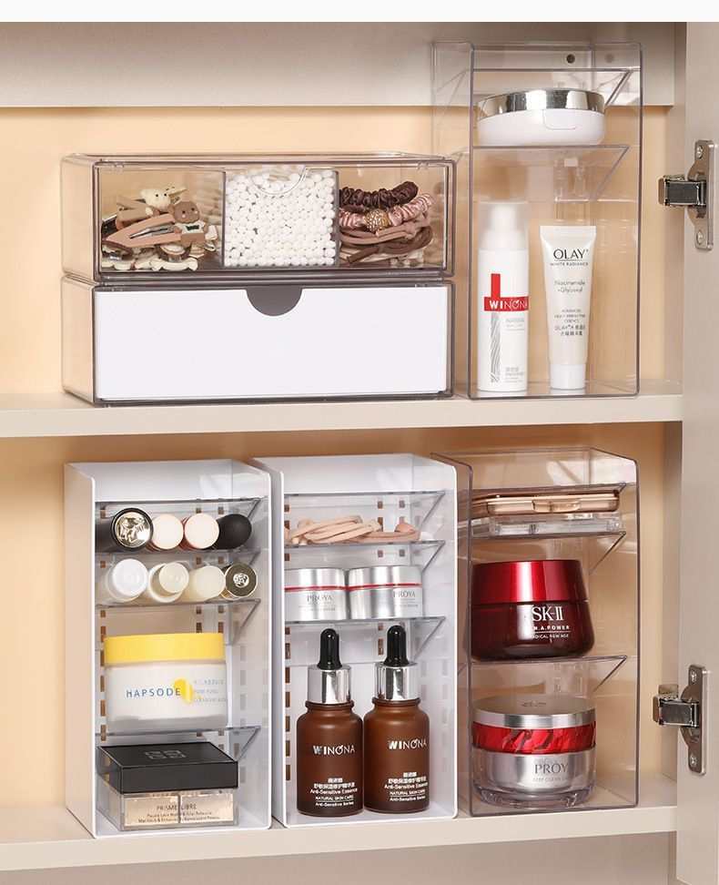 White Frame Drawer Organizer with clear PET compartments, slim white borders and pull-out drawers, holding cosmetics and accessories