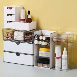 White Frame Drawer Organizer with clear PET compartments, white pull-out drawers, slant grid storage and cosmetics