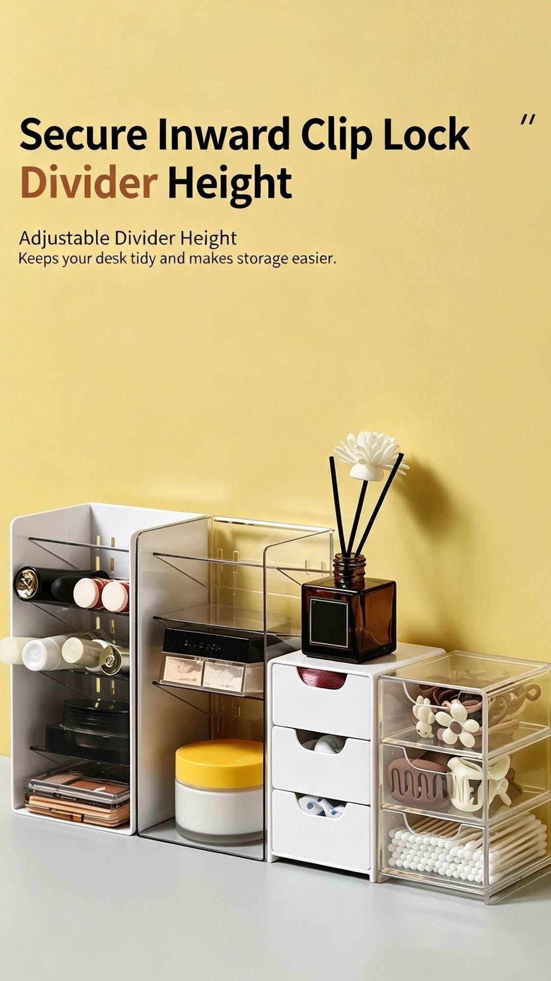 Clear PET desktop organizer featuring a white frame, three pull-out drawers and adjustable slanted divider compartments.