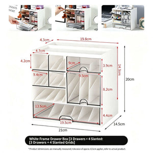 White Frame Drawer Organizer in white plastic with stacked pull-out drawers, slanted grid compartments and clear fronts