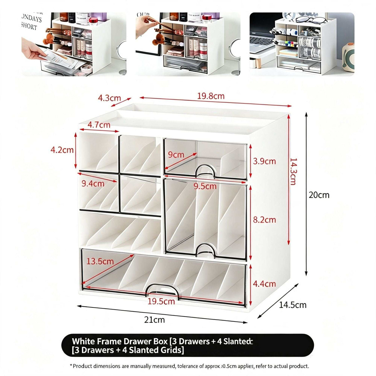 White Frame Drawer Organizer in white plastic with stacked pull-out drawers, slanted grid compartments and clear fronts