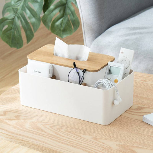 White Multifunctional Tissue Box Organizer with a natural bamboo lid, tissue opening, and divided storage compartments.
