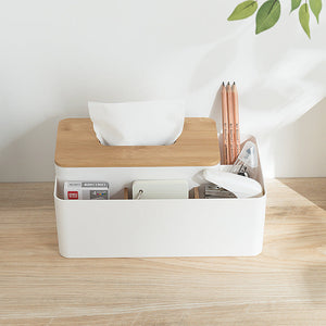 White Multifunctional Tissue Box Organizer in smooth white plastic with a bamboo tissue lid and divided stationery compartments
