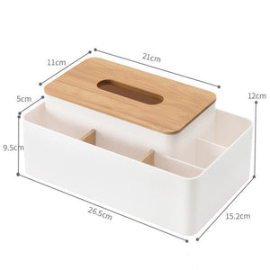 White Multifunctional Tissue Box Organizer with a natural bamboo tissue slot lid and divided white plastic compartments