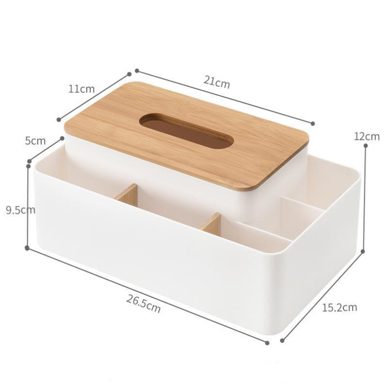 White Multifunctional Tissue Box Organizer with a natural bamboo tissue slot lid and divided white plastic compartments