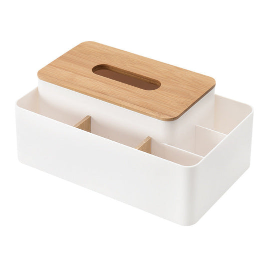 White Multifunctional Tissue Box Organizer with a smooth white divided base and natural bamboo lid with an oval tissue slot
