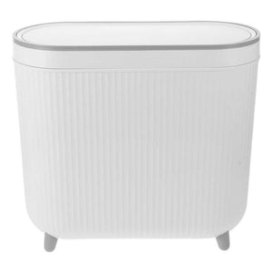 White Plastic Trash Can with a rounded rectangular shape, ribbed sides, a fitted lid and short feet.