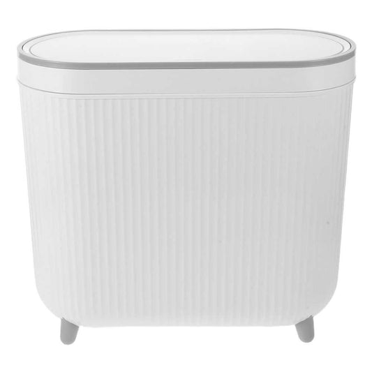 White Plastic Trash Can with a rounded rectangular shape, ribbed sides, a fitted lid and short feet.