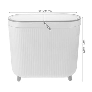 White Plastic Trash Can with a slim rectangular shape, ribbed sides, fitted lid, and short feet