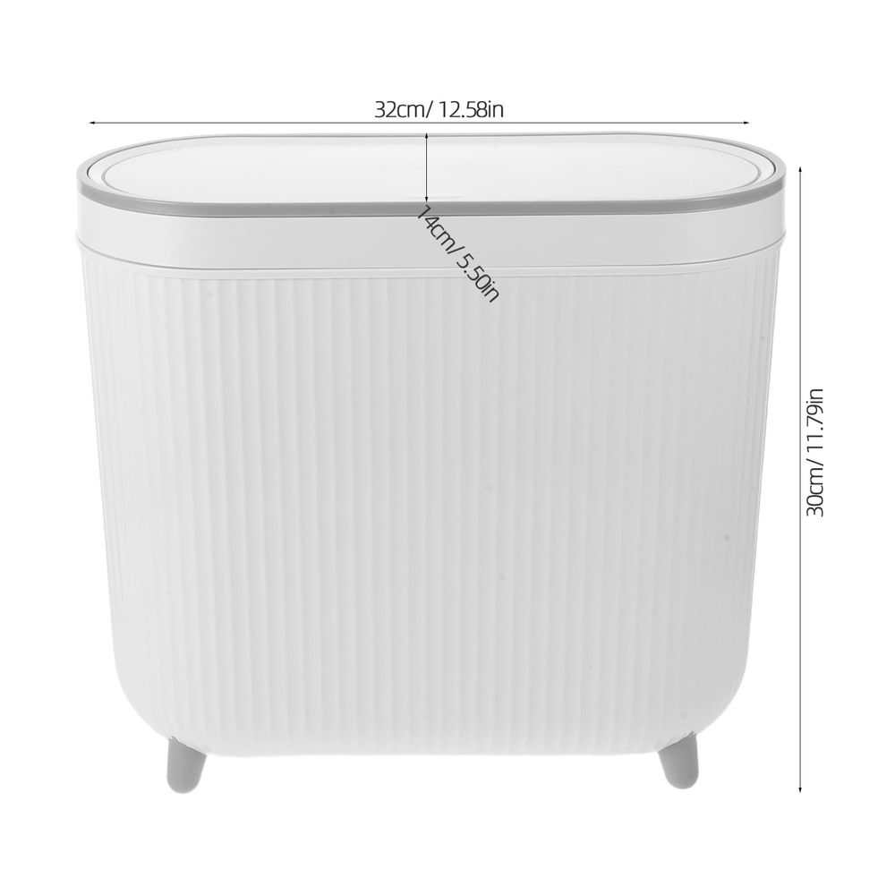 White Plastic Trash Can with a slim rectangular shape, ribbed sides, fitted lid, and short feet