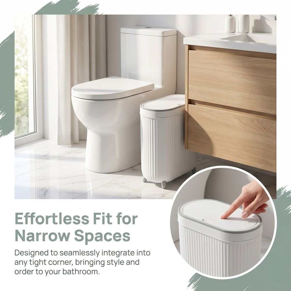 White Plastic Trash Can with a slim rectangular shape, ribbed body, rounded lid and quiet push-top opening