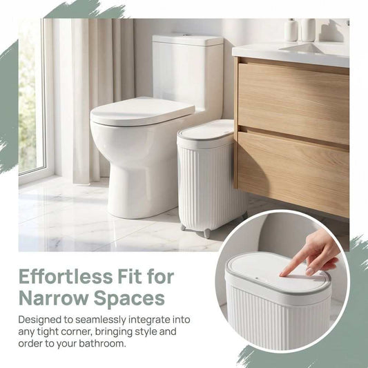 White Plastic Trash Can with a slim rectangular shape, ribbed body, rounded lid and quiet push-top opening