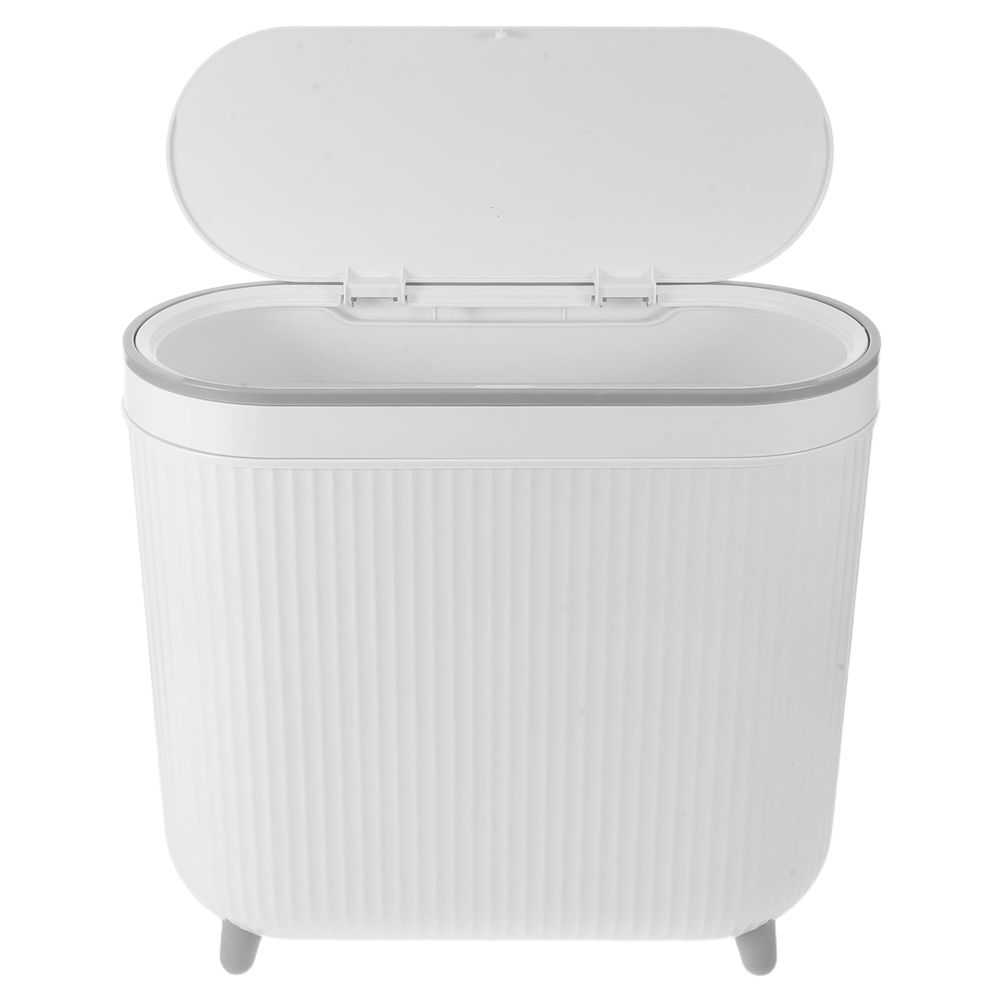 White Plastic Trash Can with a slim ribbed body, rounded rectangular shape, raised lid, and short feet.