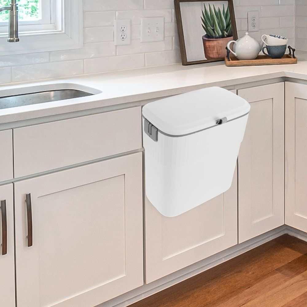 White PP ABS automatic trash bin with a smooth rectangular body, fitted lid and cabinet-hanging mounting clips